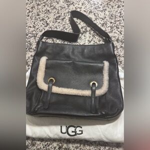 UGG Black Leather Shoulder Bag with Cream Trim